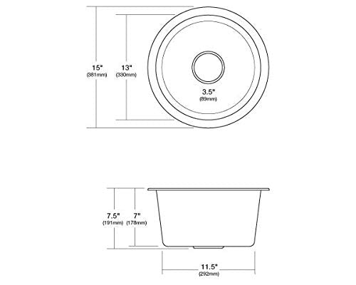 Hammered copper round bar sink with 3.5-inch drain hole, shown in top and side views with dimensions.