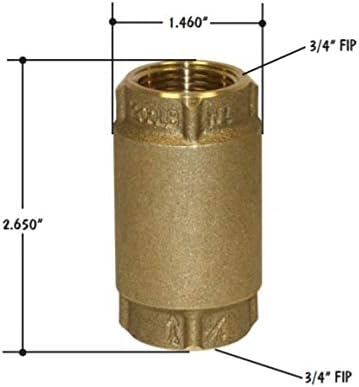 Brass check valve with 3/4 inch female threaded connections at top and bottom, cylindrical body 2.65 inches tall.