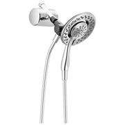 Chrome dual shower head with adjustable arm mount and flexible hose, featuring multiple spray settings.
