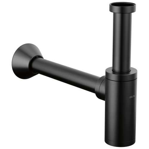 Black metal bottle trap with cylindrical vertical chamber and horizontal outlet arm with wall flange.
