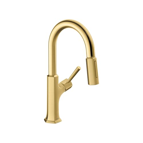 Brushed gold kitchen faucet with high curved spout and pull-down spray head with single lever handle.
