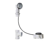 Chrome and PVC cable-operated bath waste and overflow drain assembly with flexible overflow neck and chrome stopper.
