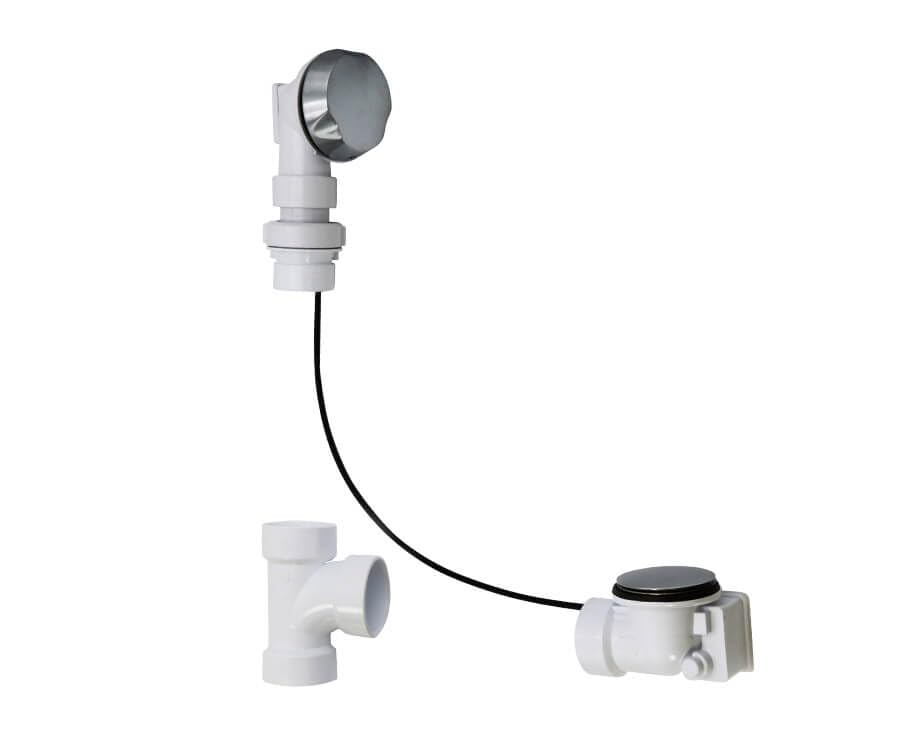 Chrome and PVC cable-operated bath waste and overflow drain assembly with flexible overflow neck and chrome stopper.
