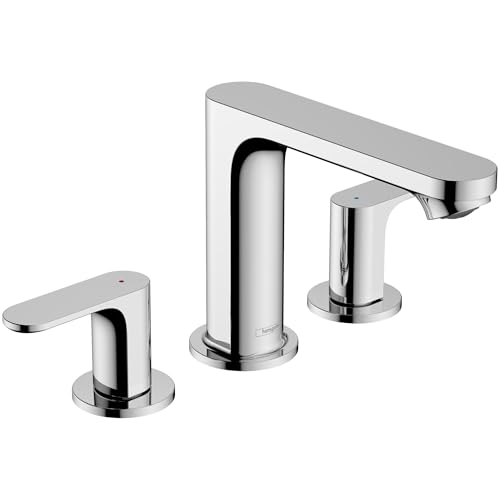 Chrome widespread bathroom faucet with two lever handles, central spout, and cylindrical body design.