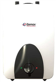 Eemax compact electric water heater with white tank, black control panel, and wall-mounting brackets.