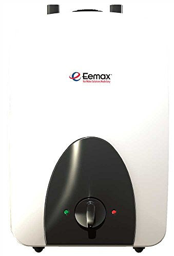 Eemax compact electric water heater with white tank, black control panel, and wall-mounting brackets.