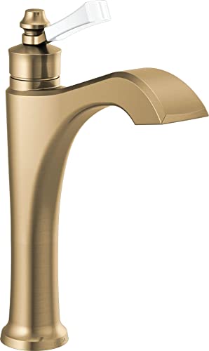 Brushed gold single-handle vessel bathroom faucet with curved spout and lever handle.