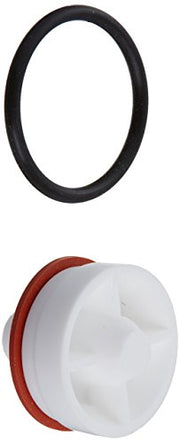 Vacuum breaker repair kit showing black rubber seal ring and white plastic body cap with red band.