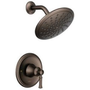 Oil rubbed bronze shower system with round rainshower head and wall-mounted trim ring with lever handle.