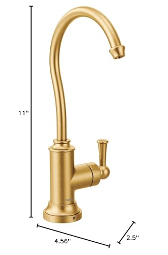 Brushed gold kitchen beverage faucet with curved spout and single side handle, 11 inches tall.
