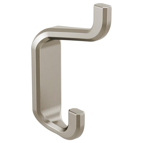 Brushed nickel double robe hook with curved arms extending horizontally and downward from rectangular mounting plate.