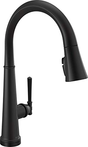 Black single-handle kitchen faucet with high arched spout and pull-down spray head.