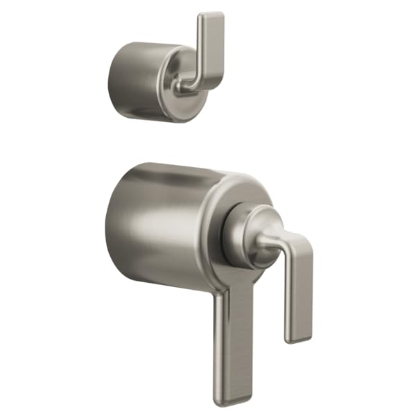Brushed nickel thermostatic valve trim with rectangular lever handles and diverter control.