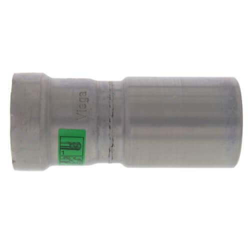 Metal press reducer coupling with larger diameter on left and smaller on right, green label visible on center band.