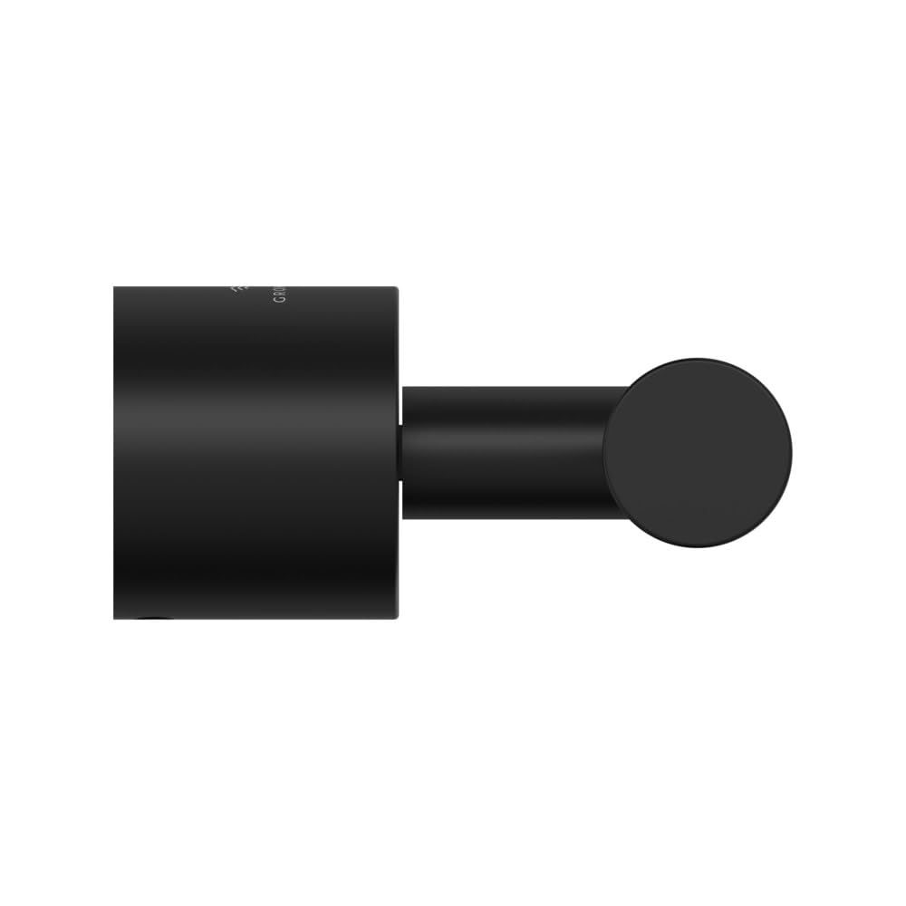 Brushed nickel towel hook with square wall mount and circular hook end.