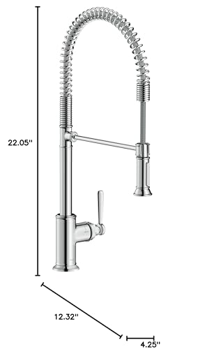 Chrome semi-pro kitchen faucet with coiled spray hose, single lever handle, and tall curved spout.