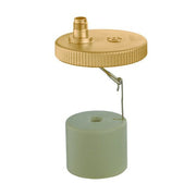 Brass float mechanism with ribbed cap and green cylindrical float connected by metal rod.
