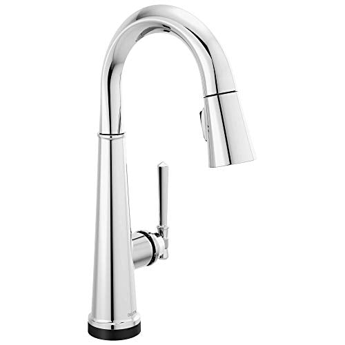 Chrome single-handle bar faucet with curved gooseneck spout and pull-down spray head.
