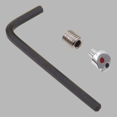 Black hex wrench, chrome threaded screw, and chrome button with red and blue indicators.