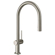 Stainless steel high-arc kitchen faucet with pull-down sprayer and single lever handle in brushed finish.