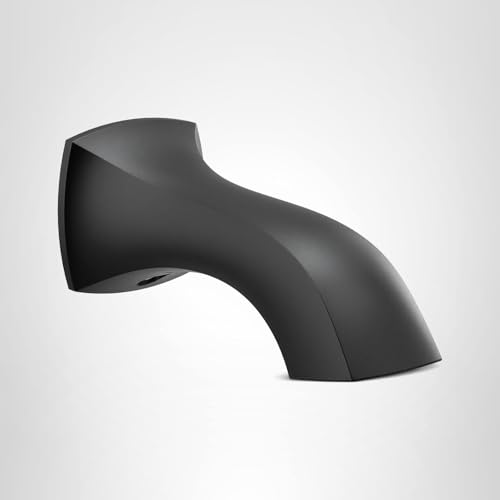 Matte black curved tub spout with slip fit connection and angled water outlet.