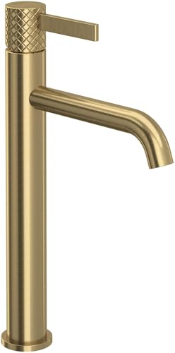 Tall single-handle bathroom faucet in antique gold finish with textured knurled handle and curved spout.