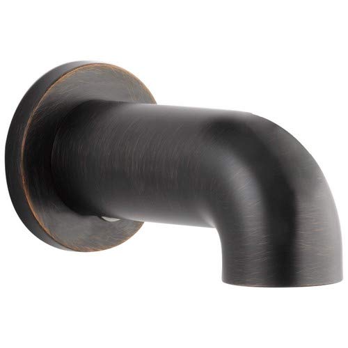 Curved tub spout with brushed dark metal finish and round wall flange in Venetian bronze.