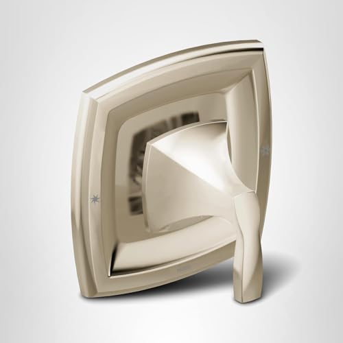 Polished nickel single-handle shower valve trim with curved square escutcheon plate and lever handle.