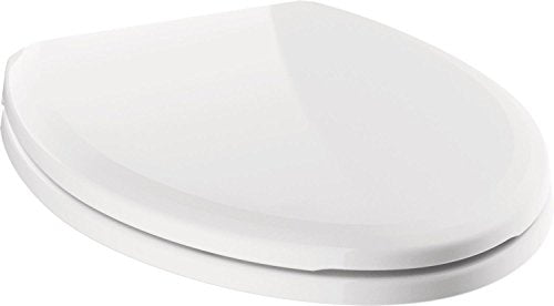 White elongated toilet seat with slow-close lid, shown from above at an angle.