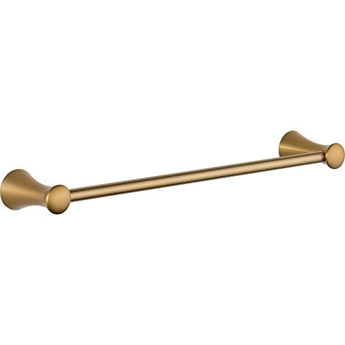 Brushed gold towel bar with conical end caps and cylindrical knobs on each end.