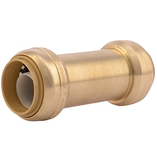 Brass inline check valve with push-fit connectors on both ends.