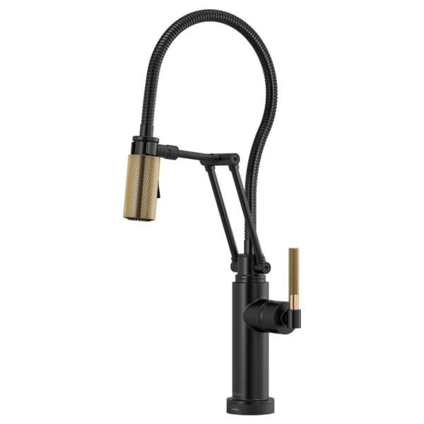 Black kitchen faucet with articulating hose, gold knurled handle, and flexible spray head.