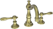 Antique brass three-piece widespread lavatory faucet with lever handles and curved spout.