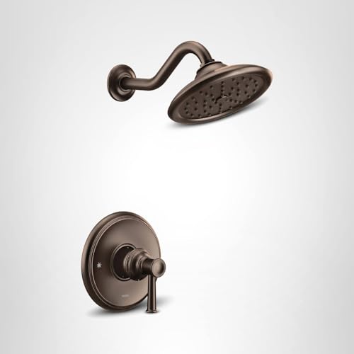 Oil rubbed bronze shower trim kit with single handle valve and round showerhead with curved arm.