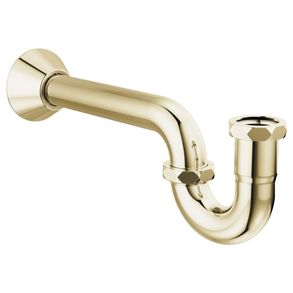 Polished brass P-trap with wall-mounted circular flange and adjustable slip nut connector.