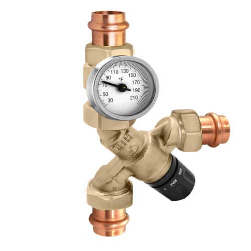 Brass three-way mixing valve with copper sweat connections and dial thermometer displaying temperature range 30-210°F.