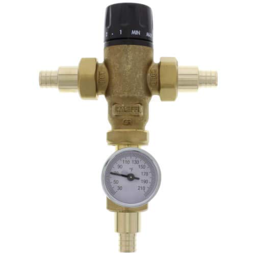 Brass 3-way mixing valve with black adjustment knob, PEX crimp connections, and attached temperature gauge.