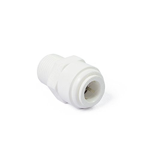 White polypropylene male connector with threaded end and push-fit coupling on opposite end.