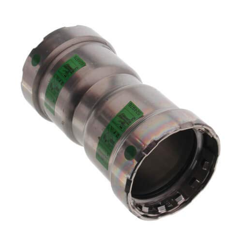 Silver metal press coupling with green text labels and black grip ring on end.