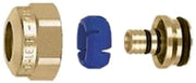 Brass PEX fitting components showing compression nut, blue collar insert, and connector pieces disassembled.