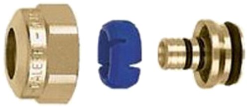 Brass PEX fitting components showing compression nut, blue collar insert, and connector pieces disassembled.