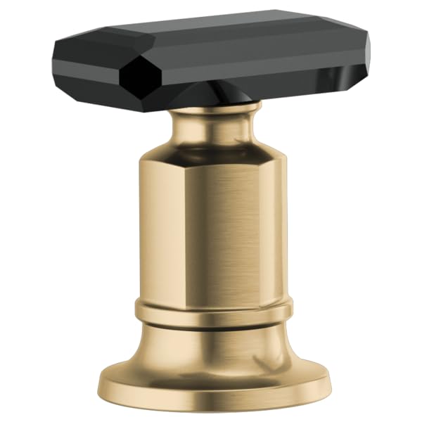 Black crystal knob handle mounted on brass-finished cylindrical base for Roman tub faucet.