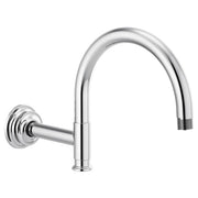 Chrome curved shower arm with flange mounting and threaded outlet connection.