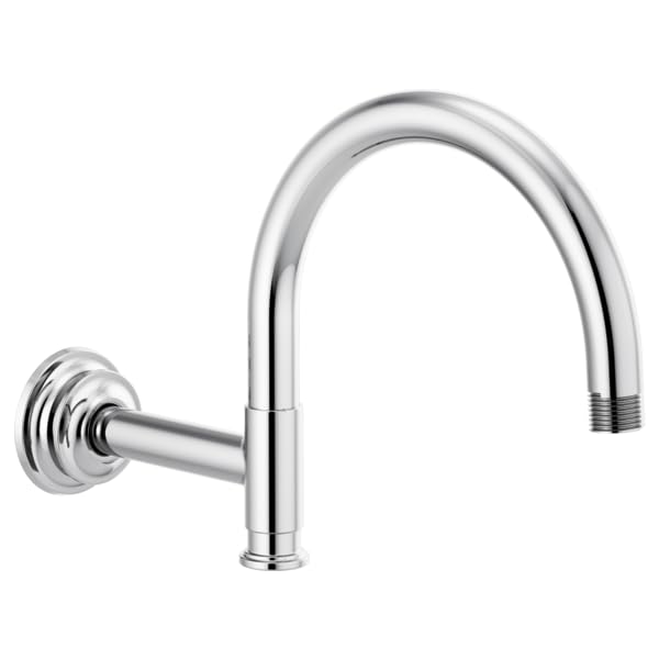 Chrome curved shower arm with flange mounting and threaded outlet connection.