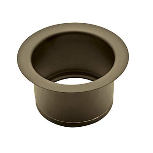Satin nickel cylindrical disposal flange with recessed center opening and wide rim.