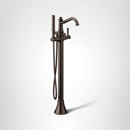 Oil rubbed bronze freestanding tub filler with curved spout, single handle, and attached handshower on hose.