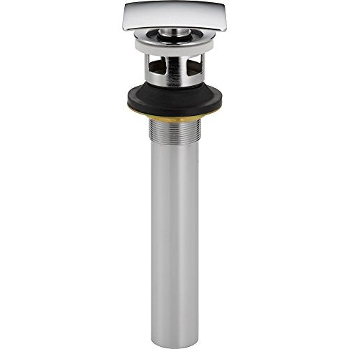 Chrome and black square push pop-up sink drain assembly with overflow mechanism and cylindrical pipe extension.