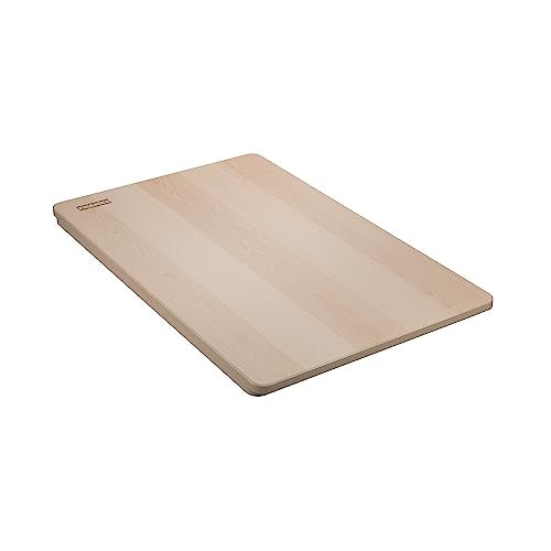 Wooden sink grid with grooved surface and raised edges in light natural finish.