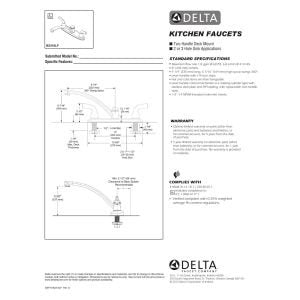 Chrome two-handle kitchen faucet with curved spout and technical installation diagrams on packaging.