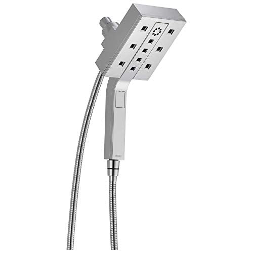 Chrome square showerhead with multiple spray nozzles and attached handheld shower connected by flexible hose.